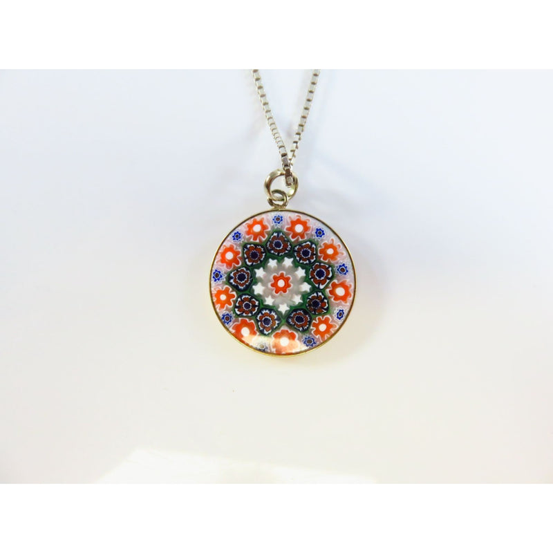 Murano Glass Pendant Necklace With 18.5" Sterling Silver Box Chain & Colorful Floral Design