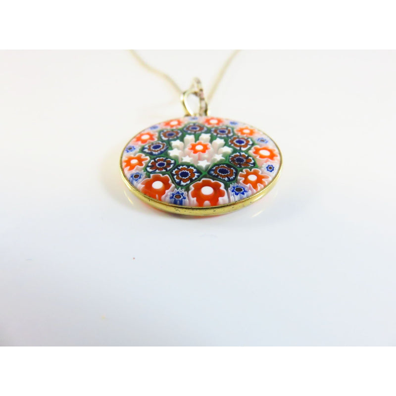 Murano Glass Pendant Necklace With 18.5" Sterling Silver Box Chain & Colorful Floral Design