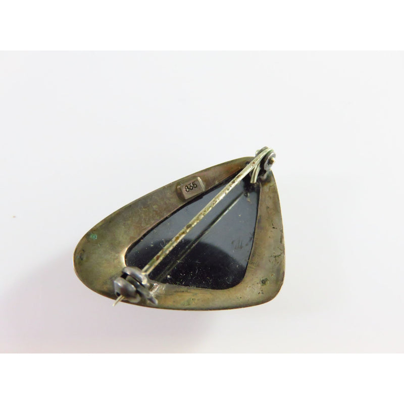 Vintage Modernist 835 Silver Polished Hematite Triangle Brooch Pin