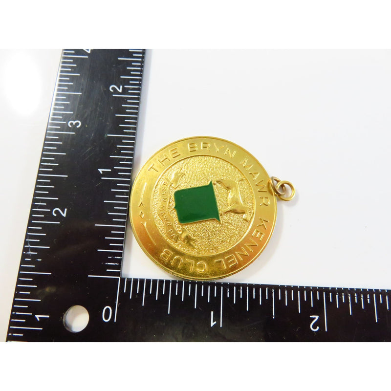 Vintage Bryn Mawr Kennel Club Gold Tone Medallion With Green Enamel Accent