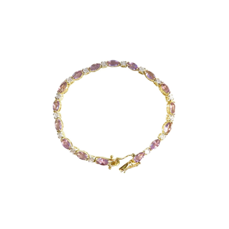 Gold Tone Bracelet W/ Pink Marquise & Clear Glass Stones 7.5"