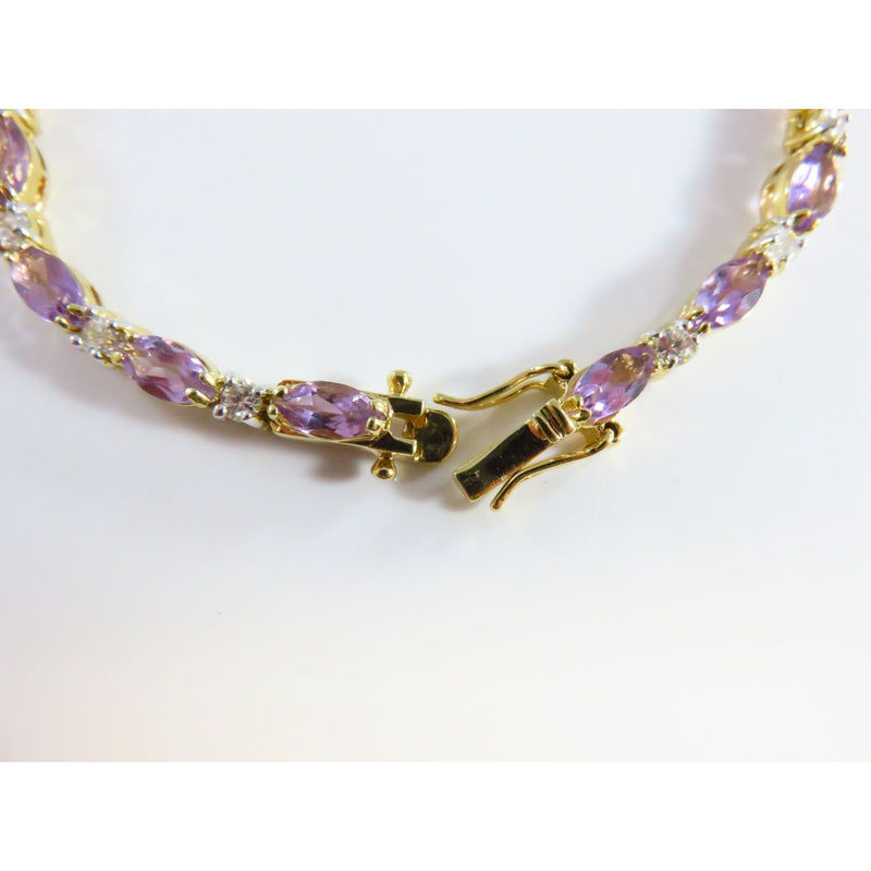 Gold Tone Bracelet W/ Pink Marquise & Clear Glass Stones 7.5"