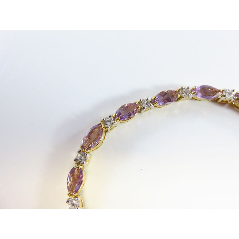 Gold Tone Bracelet W/ Pink Marquise & Clear Glass Stones 7.5"