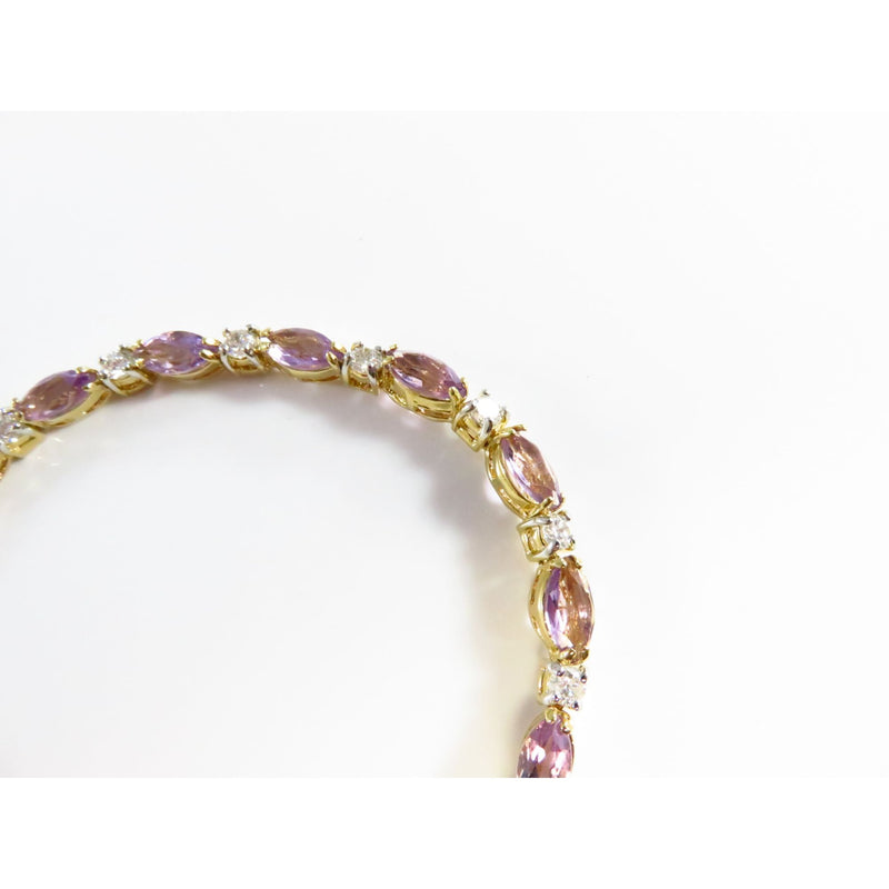 Gold Tone Bracelet W/ Pink Marquise & Clear Glass Stones 7.5"