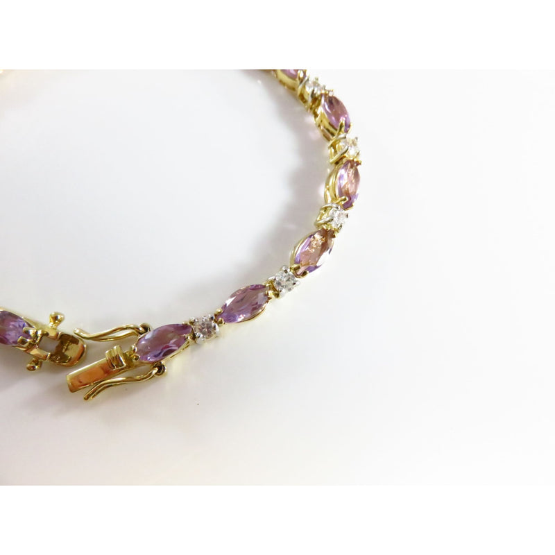 Gold Tone Bracelet W/ Pink Marquise & Clear Glass Stones 7.5"