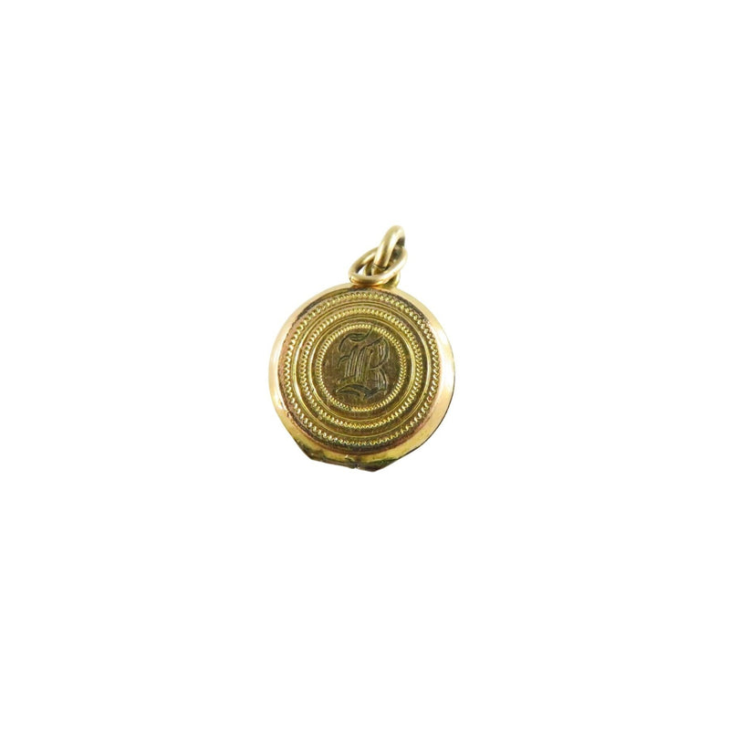 Antique Gold Tone Round Photo Locket Charm With Engraved Letter B & Cut ORing