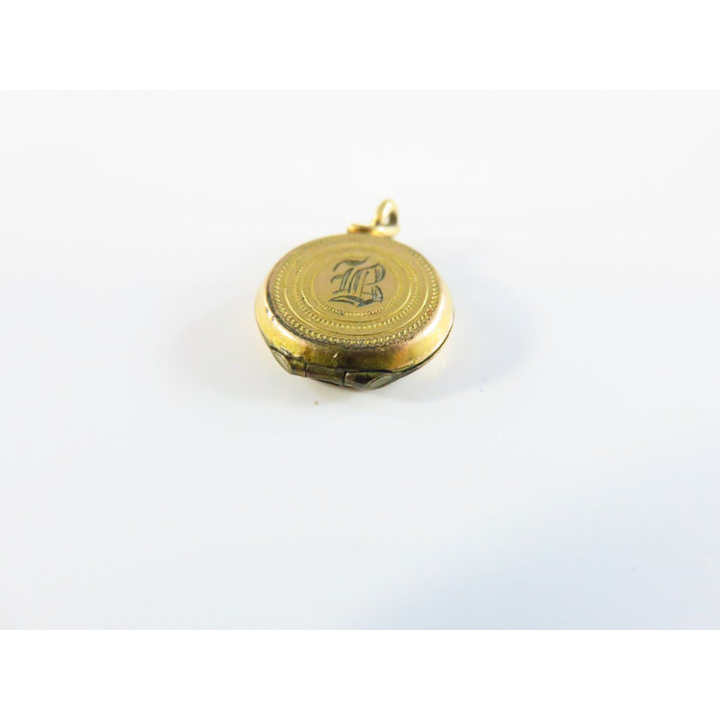 Antique Gold Tone Round Photo Locket Charm With Engraved Letter B & Cut ORing