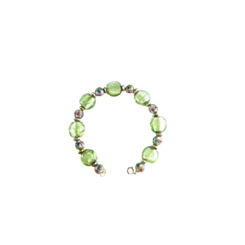 Green Glass Beaded Bracelet With Sterling Silver Clasp & Artisan Design — Sterling Silver, Silver — front view