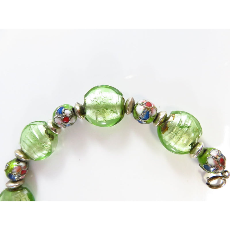 Green Glass Beaded Bracelet With Sterling Silver Clasp & Artisan Design