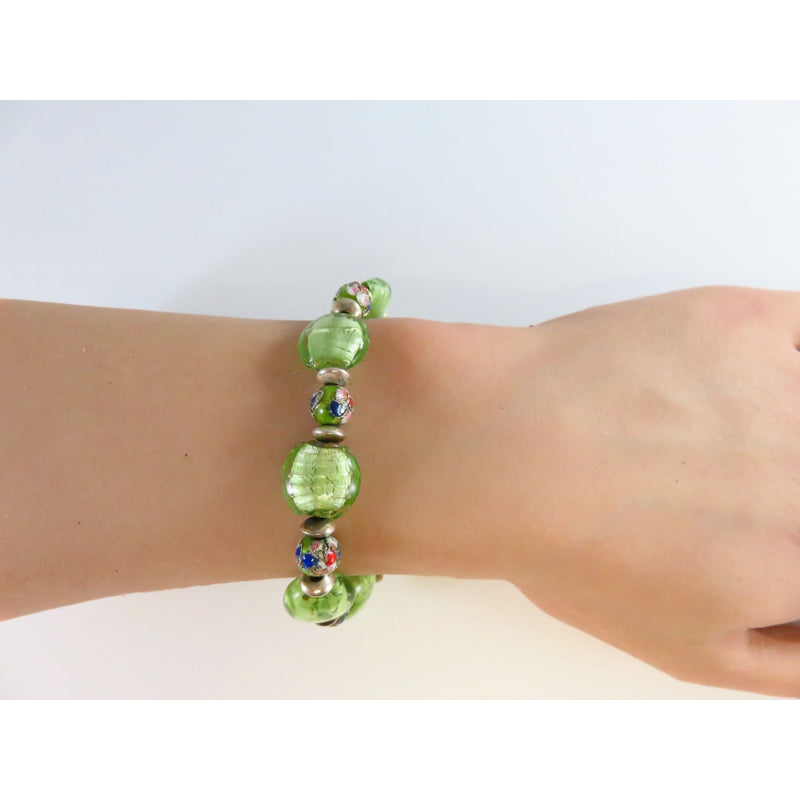 Green Glass Beaded Bracelet With Sterling Silver Clasp & Artisan Design