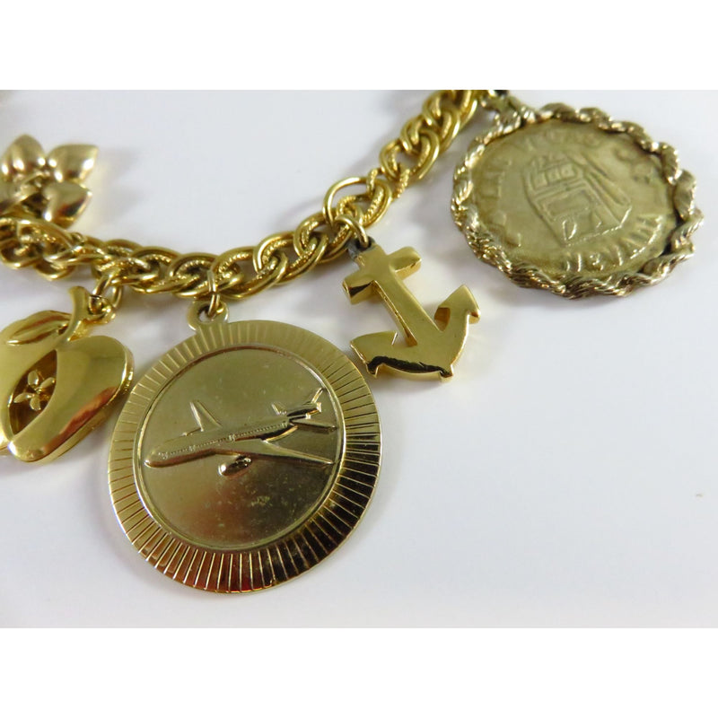 Vintage Gold Tone Charm Bracelet With Mixed Charms & Rope Chain Links