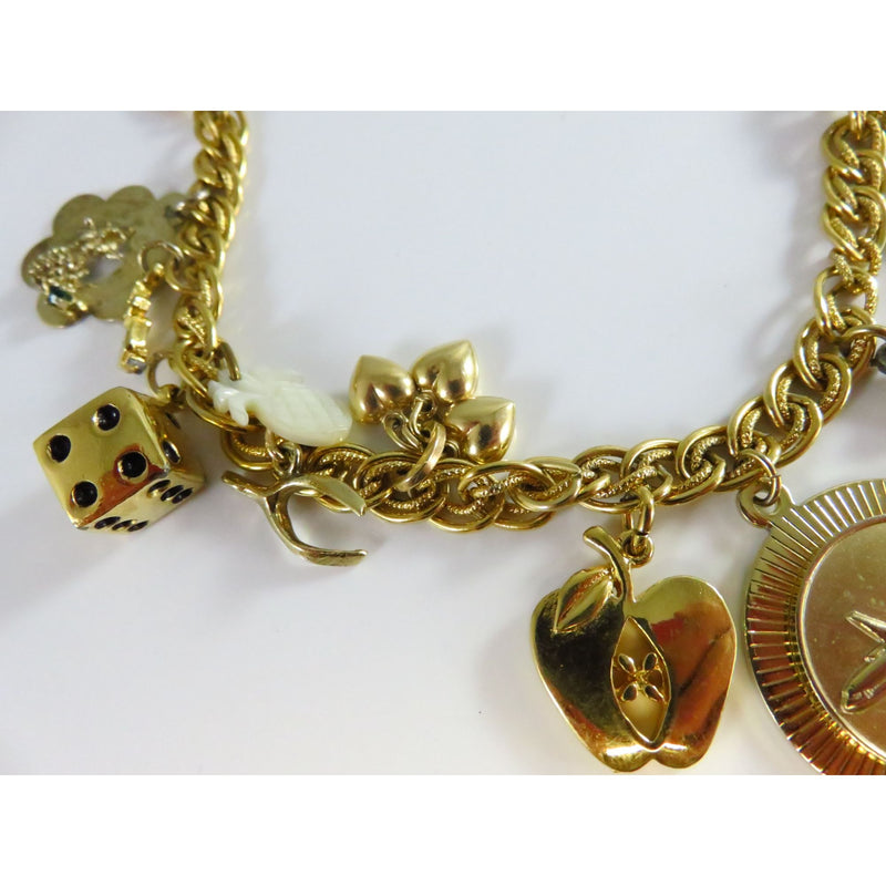 Vintage Gold Tone Charm Bracelet With Mixed Charms & Rope Chain Links