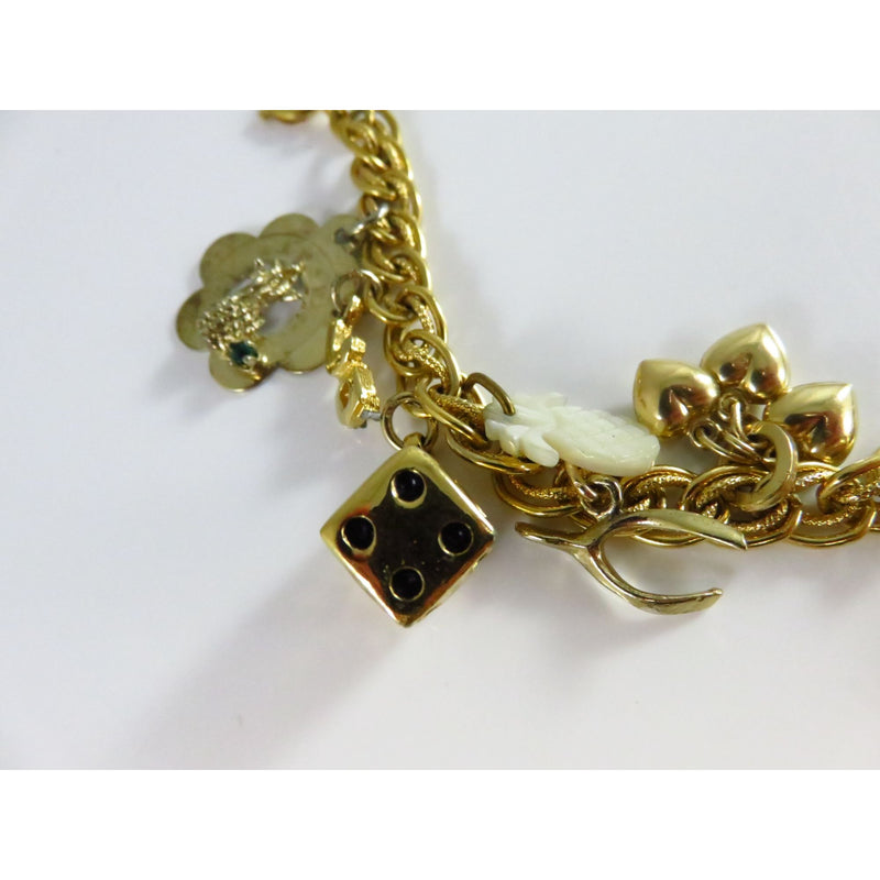 Vintage Gold Tone Charm Bracelet With Mixed Charms & Rope Chain Links