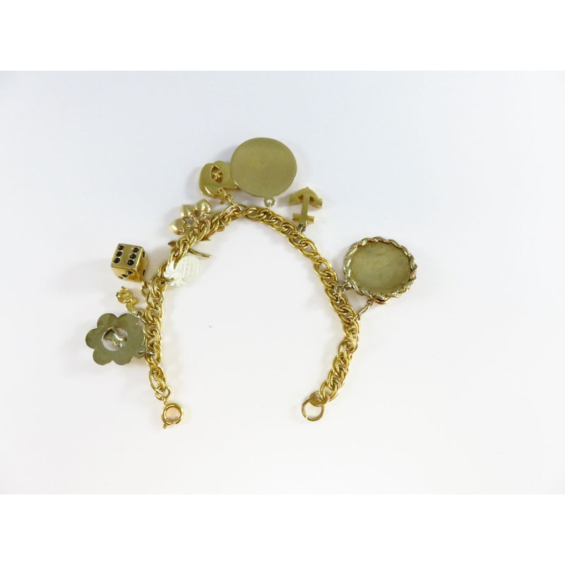 Vintage Gold Tone Charm Bracelet With Mixed Charms & Rope Chain Links