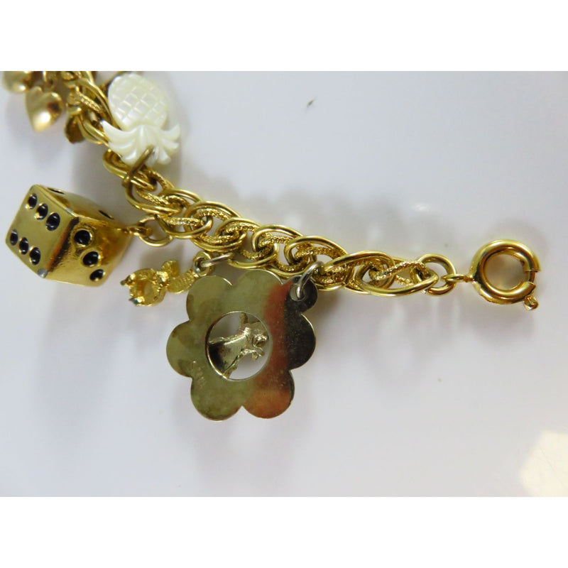 Vintage Gold Tone Charm Bracelet With Mixed Charms & Rope Chain Links