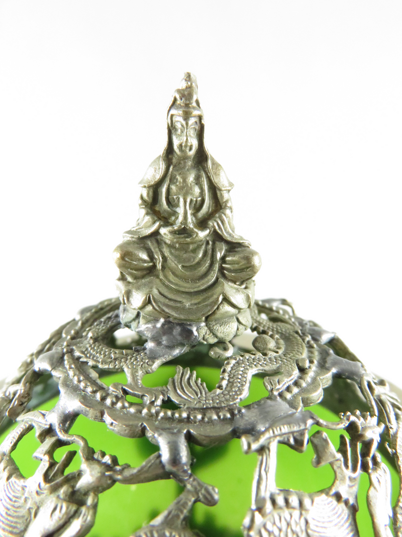 Vintage Tibetan Silver Green Glass Dragon Praying Buddha Incense Burner