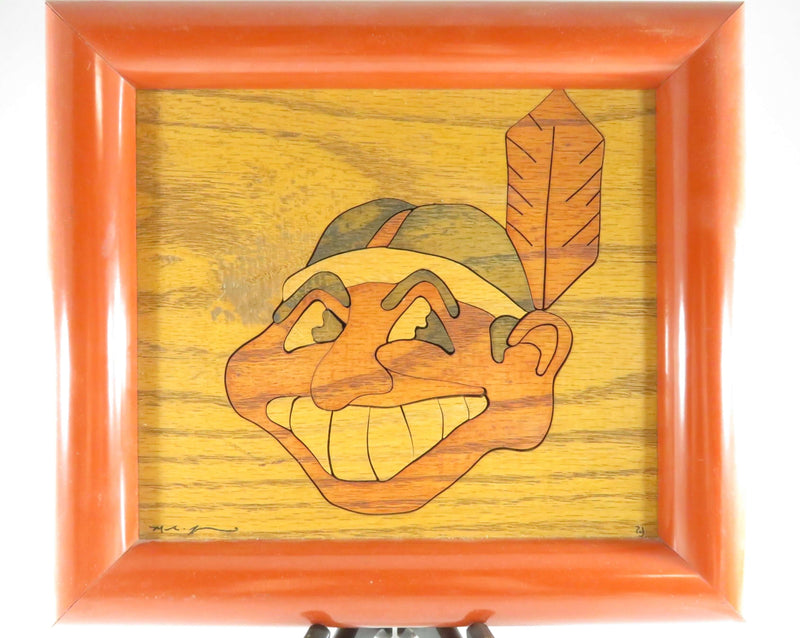 Cleveland Indians Chief Wahoo Artist Signed Painted Formed Wood Marquetry Style