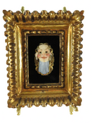 Vintique Hand Painted Porcelain Mask Pierced Gilded Metal Mount with Coral Cabochon — Gold — front view