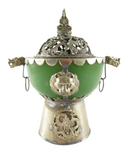 Vintage Tibetan Silver Green Glass Dragon Praying Buddha Incense Burner — Silver — front view