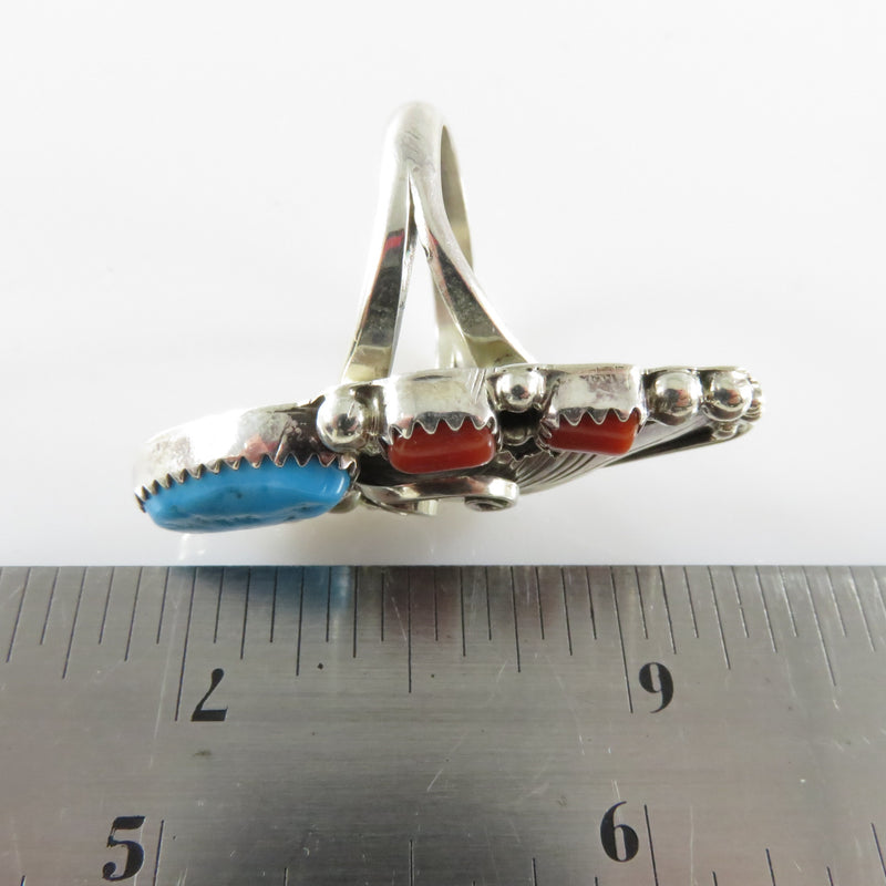 Navajo Sterling Turquoise & Coral Finger Ring Southwestern Sterling Size 9 1/4