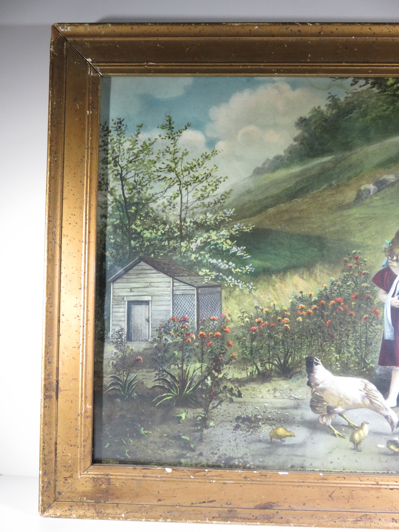 No. 117 Feeding Her Favorites Child & Chicks Chromolithograph 1900 M L & Co NY - Just Stuff I Sell