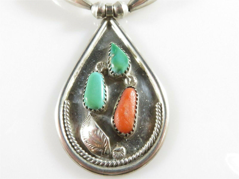 Tsethlikai Jo. Zuni Sterling Silver Coral Turquoise Bench Made Sterling Necklace - Just Stuff I Sell