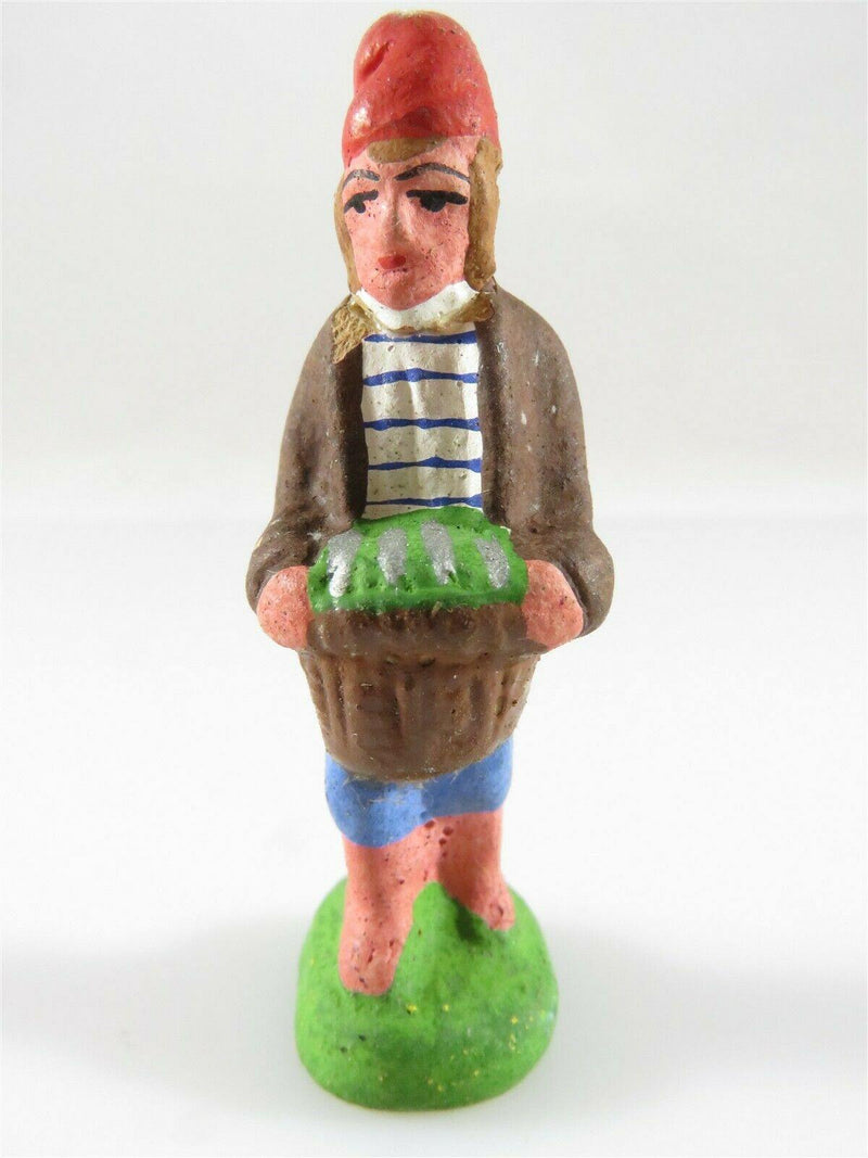Small Painted Clay Terra Cotta Man Holding basket Unsigned - Just Stuff I Sell