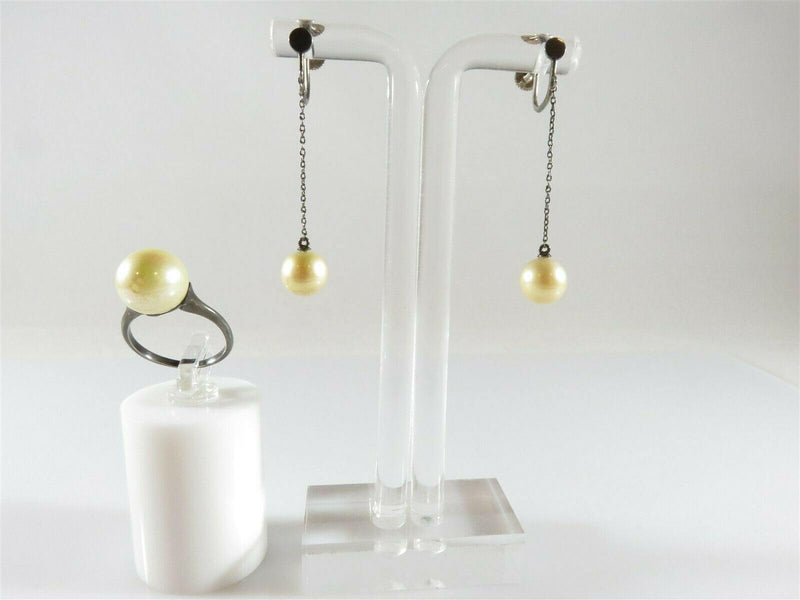 Blackened Silver & 10K Gold Faux Pearl Dangle Earrings and Silver Ring - Just Stuff I Sell