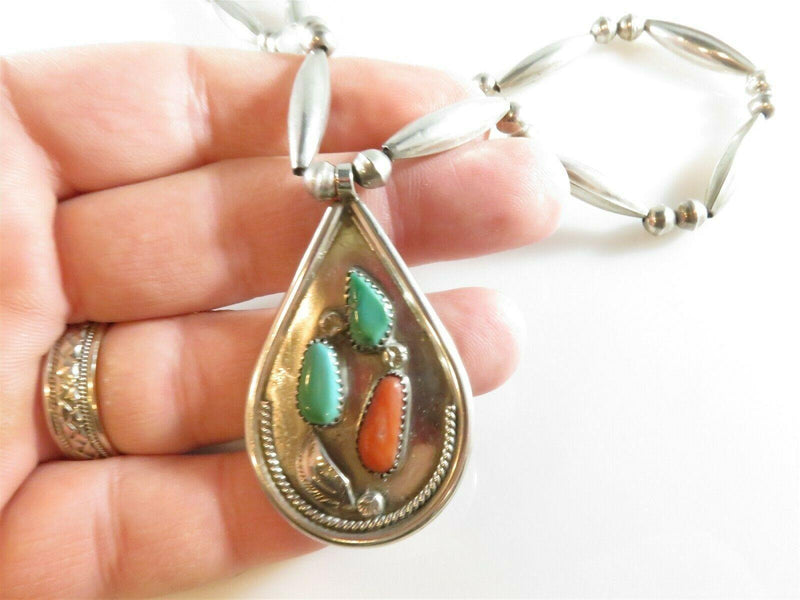 Tsethlikai Jo. Zuni Sterling Silver Coral Turquoise Bench Made Sterling Necklace - Just Stuff I Sell