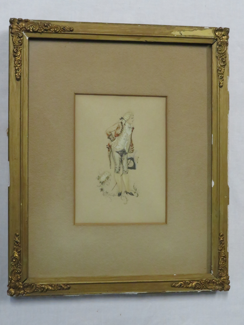 Antique Hand Painted Engraving of a Colonial Gentleman in Antique Old Gilt Frame