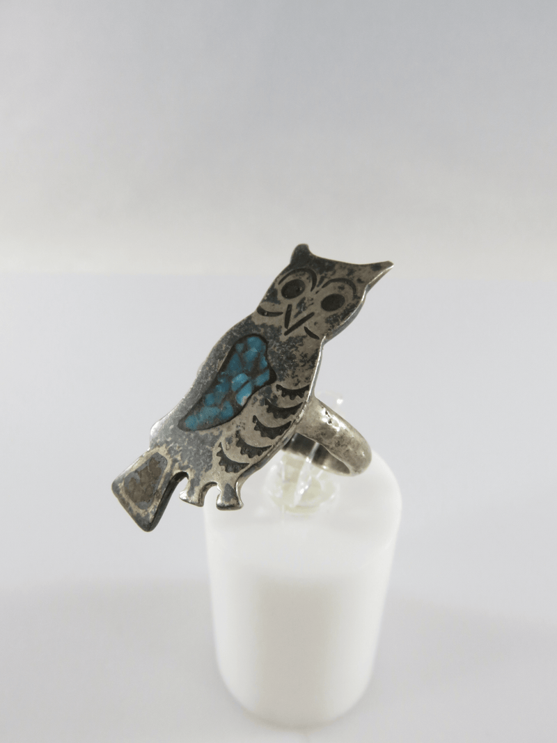 Circa 1975 Navajo Sterling Owl Ring Crushed Turquoise & Coral Inlay Size 5 1/2