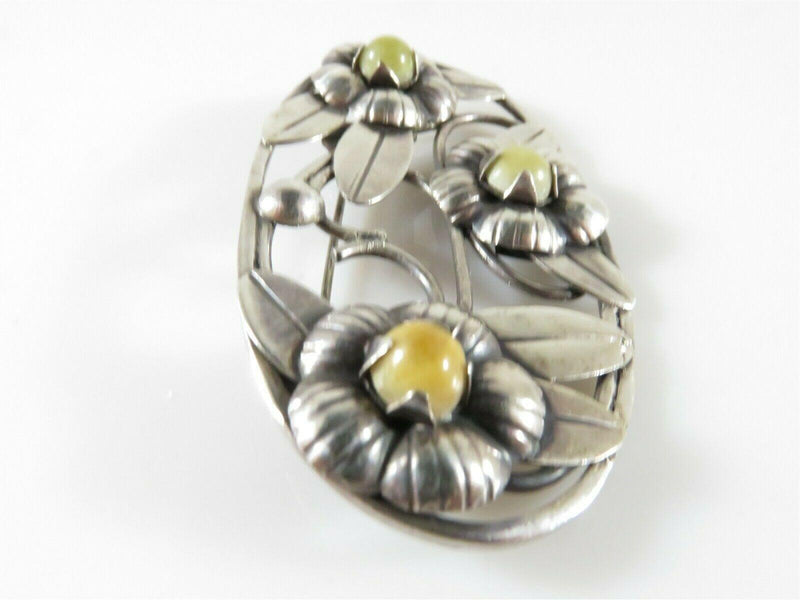 1930's Modernist Sterling Mexico Calcite Floral Brooch Artisan Hand Worked - Just Stuff I Sell