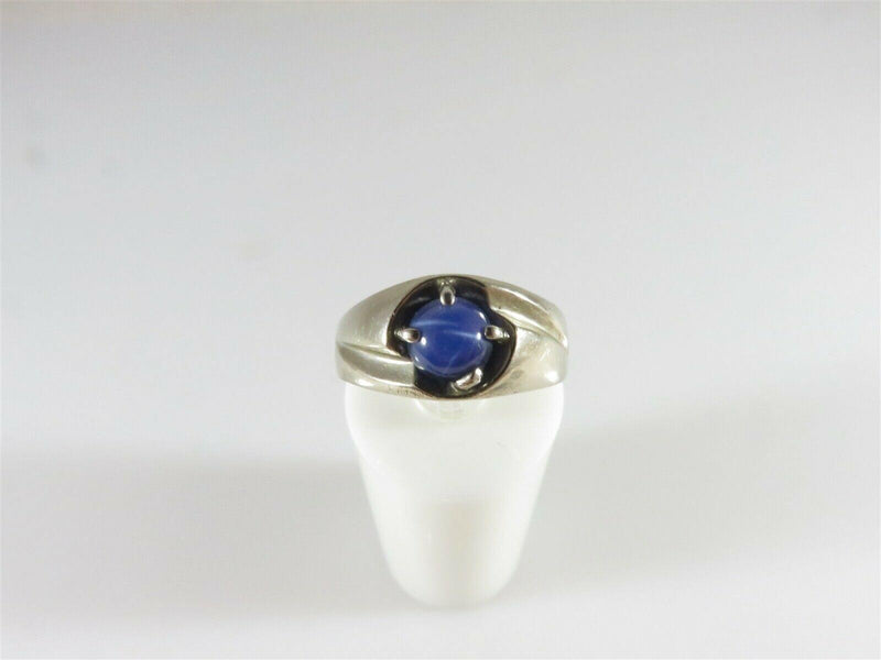 10K White Gold Unisex Round Cabochon Blue Star Sapphire Ring Size 6.75 - Just Stuff I Sell