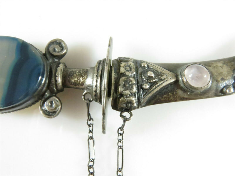 Vintage Dagger Brooch Banded Blue Agate, Quartz, Glass Sterling Silver Sword - Just Stuff I Sell