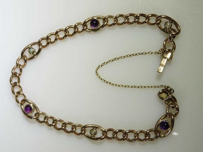 Victorian 9K Rose Gold Cabochon Amethyst & Seed Pearl Curb Bracelet 7.5" - Just Stuff I Sell