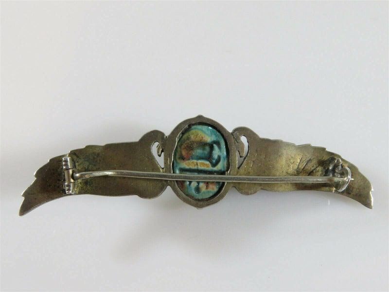 Antique Egyptian 800 Silver Enameled Scarab Brooch Enameled Wings of Horus - Just Stuff I Sell