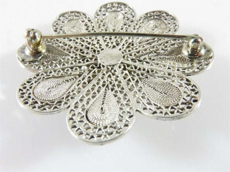 Unusual Lovely 800 Silver Filigree Flower Brooch with Butterfly in the Center - Just Stuff I Sell