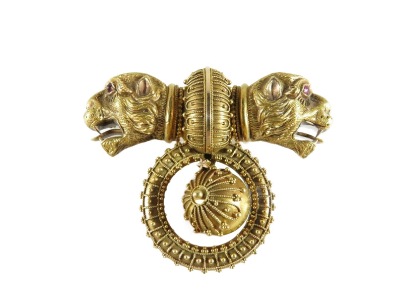 22K Gold Georgian Victorian Etruscan Brooch Double Griffin Head Ruby Eyes - Just Stuff I Sell