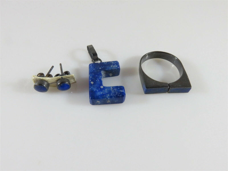 Oxidized Sterling Silver Pendant, Ring and Stud Earrings in Lapis - Just Stuff I Sell