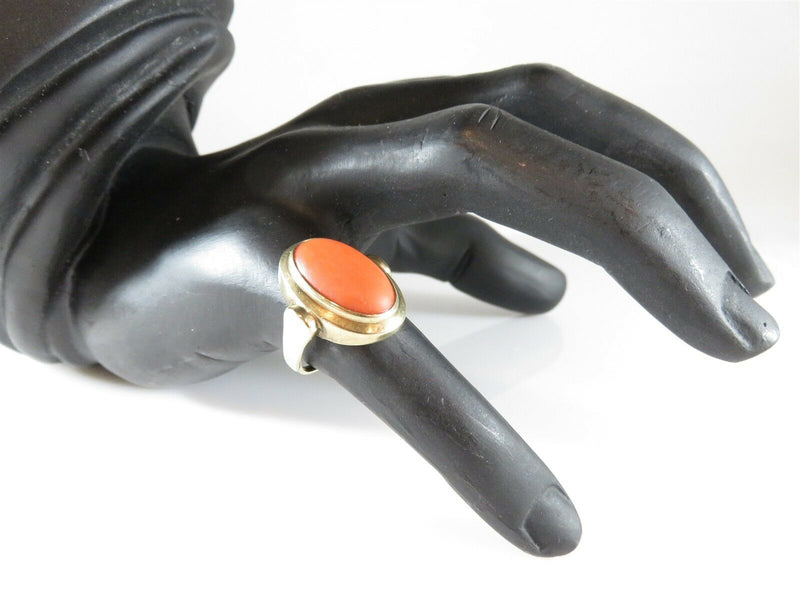 Mid Century 8K Gold Italian 333 F* Salmon Cabochon Coral Pinky Ring Size 7.75 - Just Stuff I Sell
