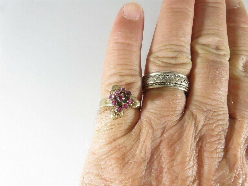 Vintage Mid Century Unique Floral Bouquet 3 Petal Ruby Ring 9K Size 9 3.3 Grams - Just Stuff I Sell