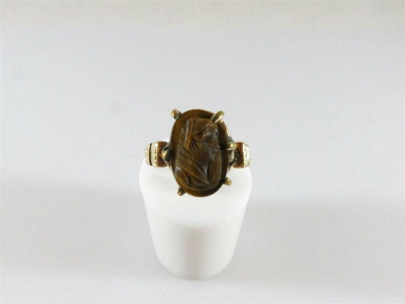 Antique Carved Cameo Tigers Eye Mixed Material Gold & Brass Solitaire Ring - Just Stuff I Sell