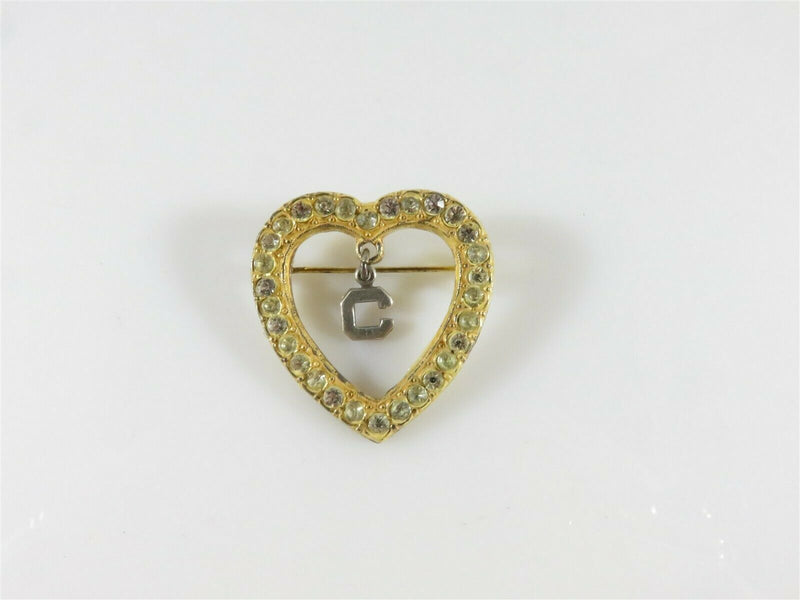 Vintage Gold Gilt Sterling Silver Heart with Paste & Letter C Sweetheart Pin - Just Stuff I Sell