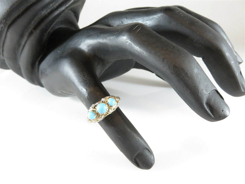 Antique 14K Yellow White Filigree Turquoise Diamond Art Nouveau Ring Size 4.75 - Just Stuff I Sell