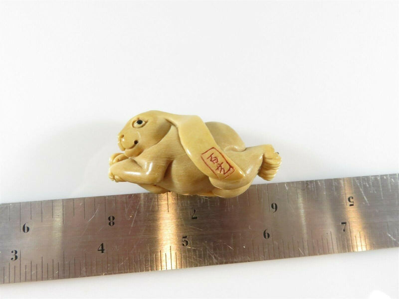 Vintage Japanese Flowing Tagua Nut Tanned Rabbit Artisan Netsuke Signed - Just Stuff I Sell