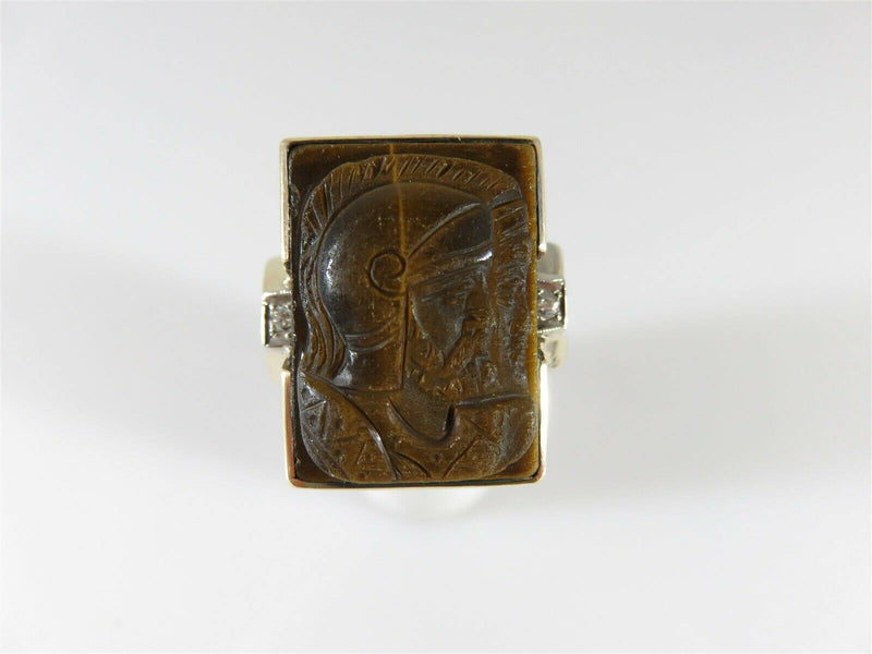 Carved Roman Soldiers In Profile 10K Gold Tigers Eye Diamond Ring Size 11.5 - Just Stuff I Sell