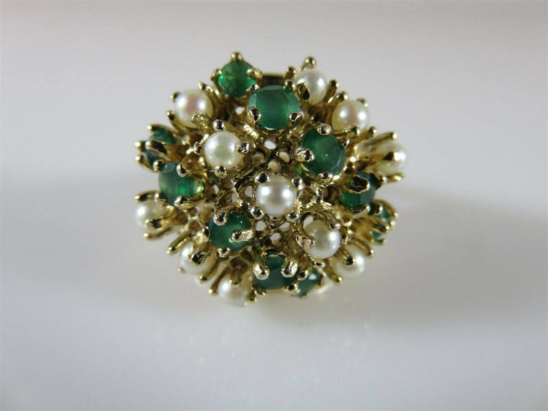 Designer Emerald Pearl 14K Yellow Gold Cluster Ring Size 6 & 8.2 Grams - Just Stuff I Sell