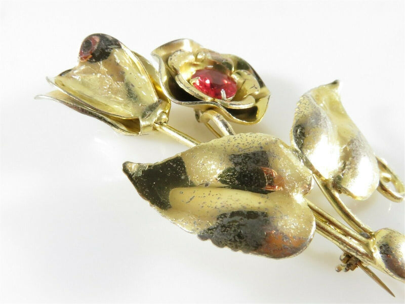 Unsigned Large Sterling Silver Gold Vermeil Pink Stone Floral Brooch - Just Stuff I Sell