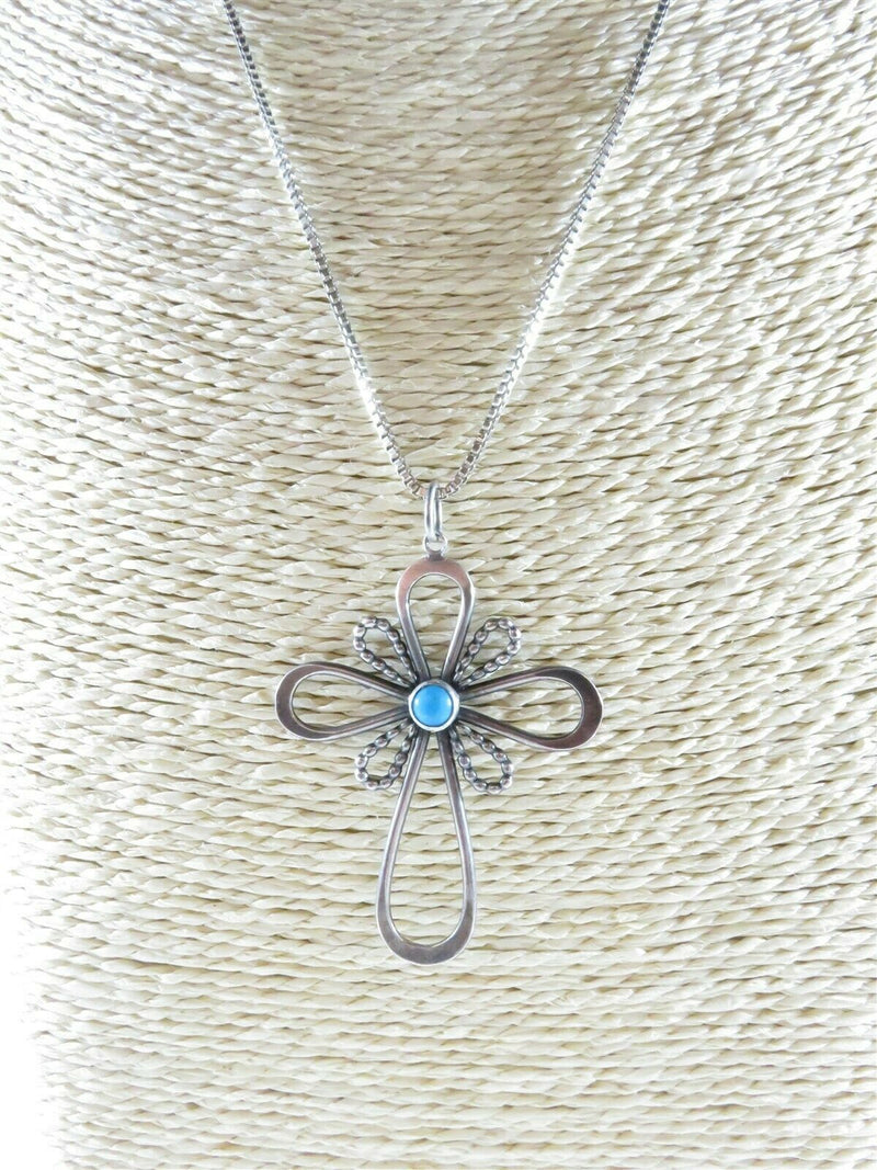 Southwestern Sterling Silver Turquoise Cabochon Cross w/Box Chain Sterling EBB - Just Stuff I Sell