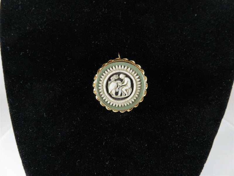 14K Gold Green White Wedgewood Pendant Brooch made in England - Just Stuff I Sell